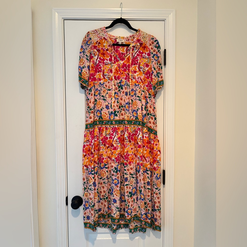 Umgee Mixed Floral Print Tiered Midi Dress Pink